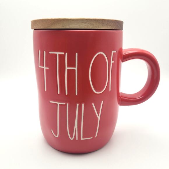 Rae Dunn 4th of July Mug Red with White letters Wooden Lid Collectible - Picture 1 of 10
